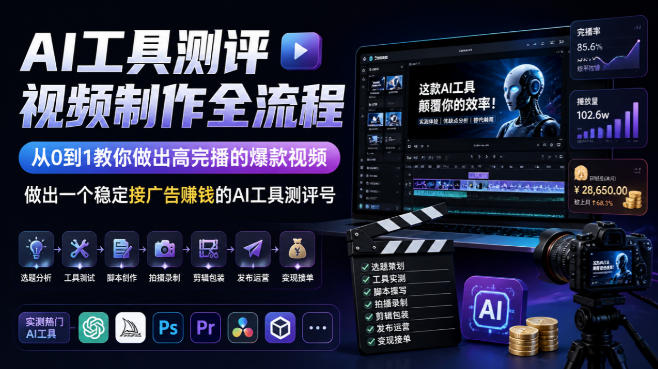 AI工具测评视频制作全流程，从0到1教你做出高完播的爆款视频，做出一个稳定接广告賺钱的AI工具测评号-我爱项目网