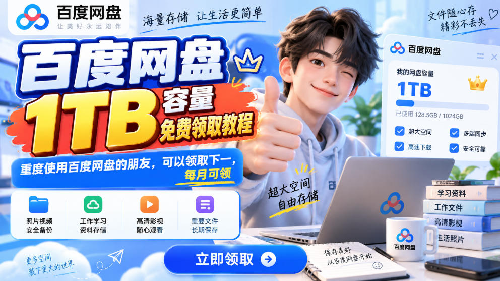 百度网盘1TB容量免费领取教程,重度使用百度网盘的朋友,可以领取下一,每月可领-我爱项目网