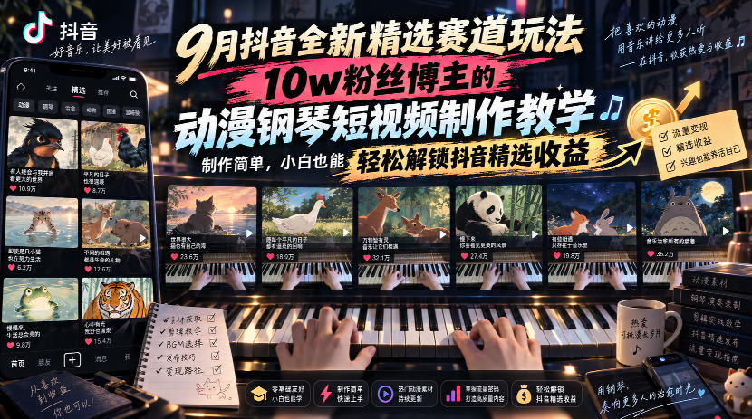 9月抖音全新精选赛道玩法，10w粉丝博主的动漫钢琴短视频制作教学，制作简单，小白也能轻松解锁抖音精选收益-我爱项目网