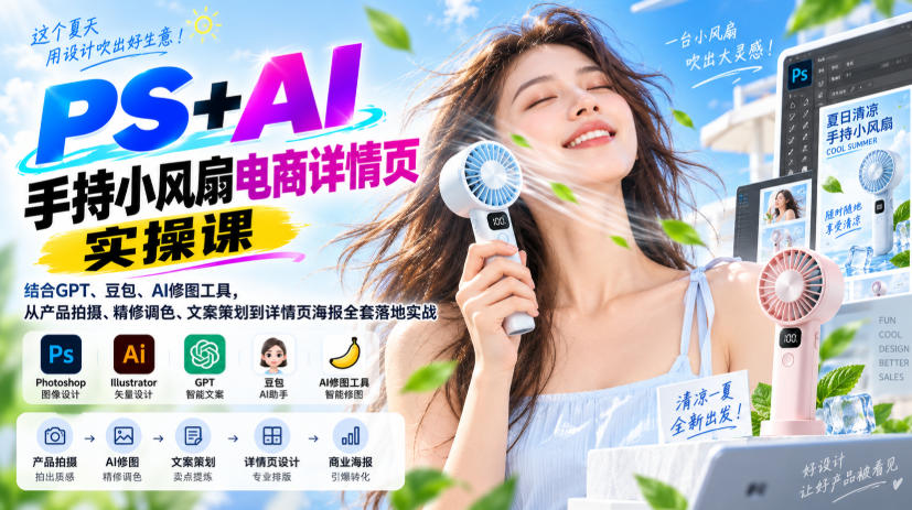 PS+AI手持小风扇电商详情页实操课｜结合GPT、豆包、AI修图工具，从产品拍摄、精修调色、文案策划到详情页海报全套落地实战-我爱项目网