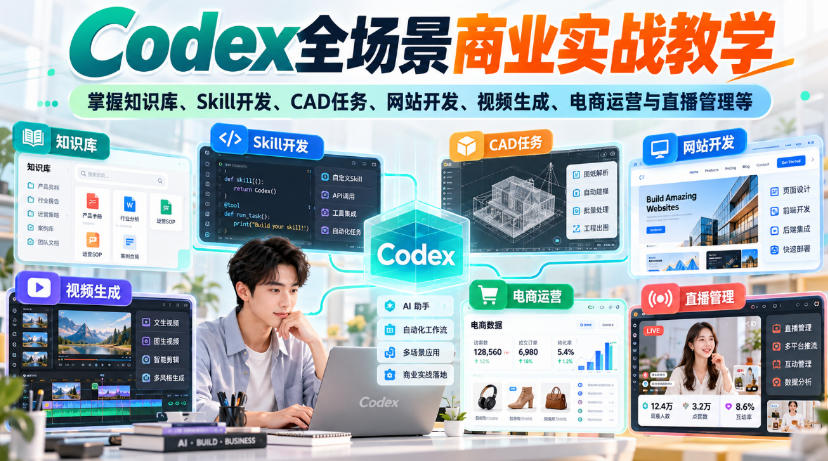 【无水印】Codex全场景商业实战教学，掌握知识库、Skill开发、CAD任务、网站开发、视频生成、电商运营与直播管理等-我爱项目网
