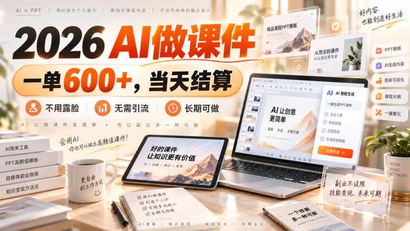 2026 AI做课件，一单600+，当天结算，不用露脸，无需引流，长期可做【揭秘】-我爱项目网