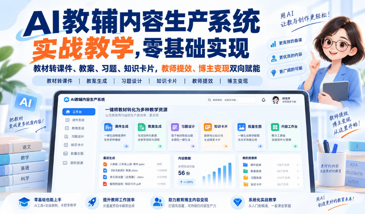 AI教辅内容生产系统实战教学,零基础实现教材转课件、教案、习题、知识卡片,教师提效、博主变现双向赋能-我爱项目网