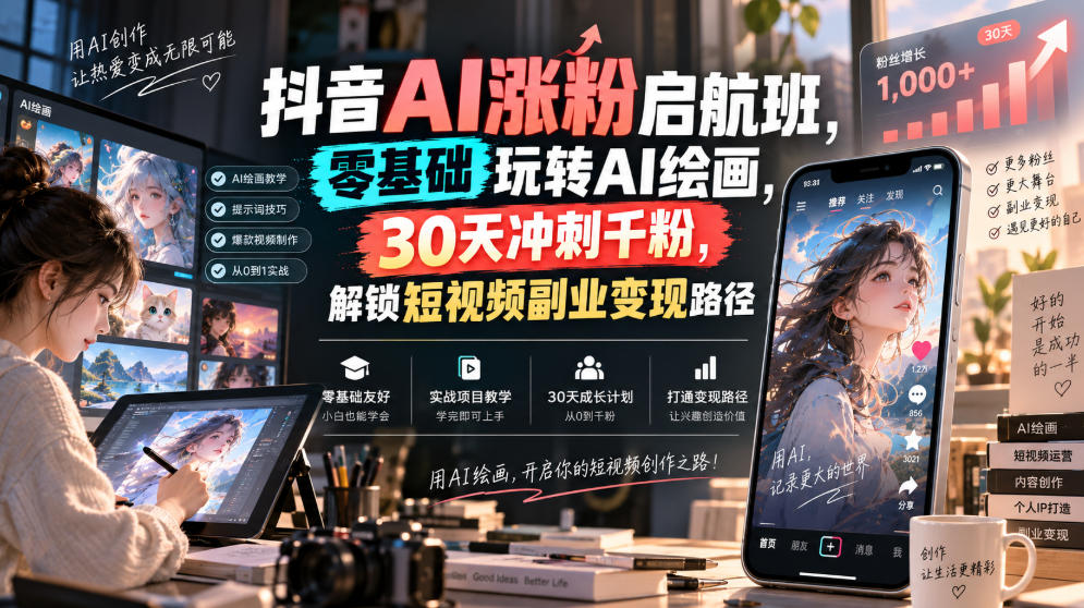 抖音AI涨粉启航班，零基础玩转AI绘画，30天冲刺千粉，解锁短视频副业变现路径-我爱项目网