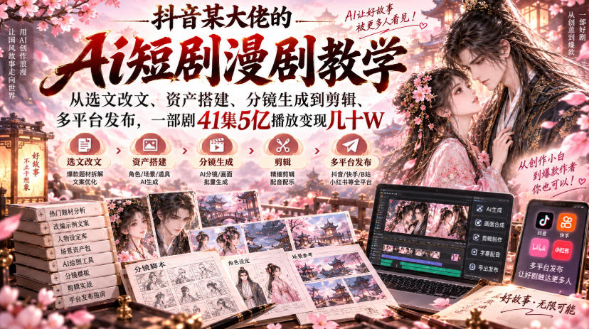 抖音某大佬的Ai短剧漫剧教学，从选文改文、资产搭建、分镜生成到剪辑、多平台发布，一部剧41集5亿播放变现几十W-我爱项目网