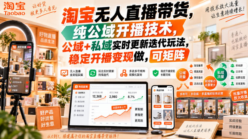 淘宝无人直播带货，纯公域开播技术，公域+私域实时更新迭代玩法，稳定开播变现做，可矩阵【揭秘】-我爱项目网