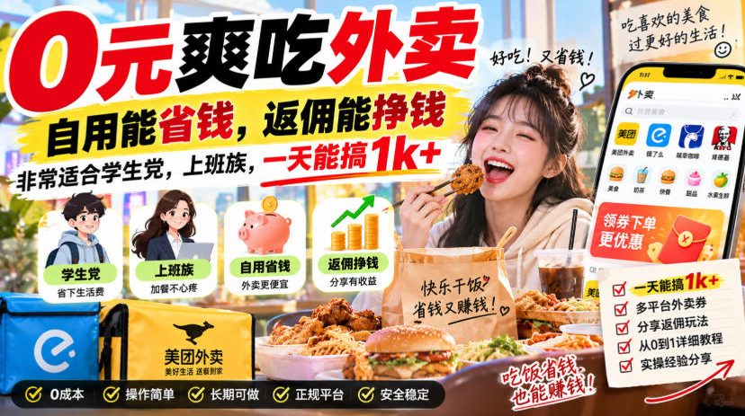 0元爽吃外卖，自用能省钱，返佣能挣钱，非常适合学生党，上班族，一天能搞1k+-我爱项目网