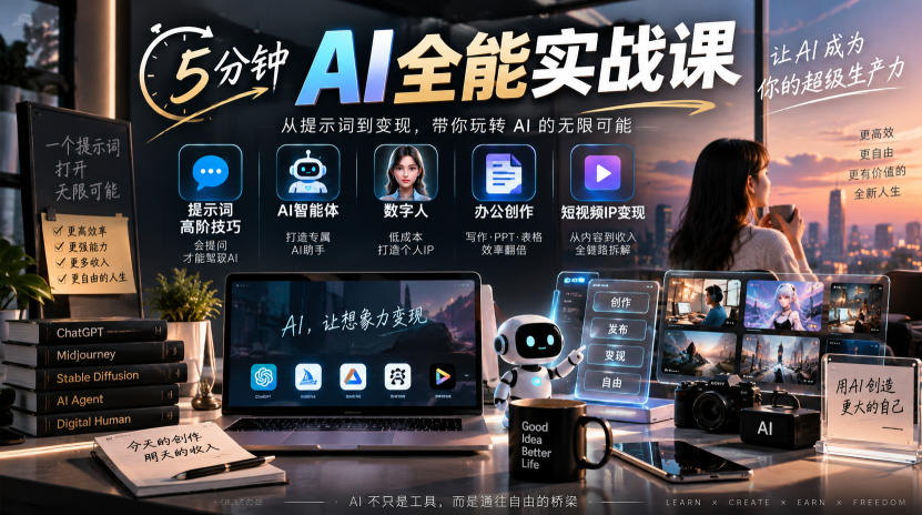 5分钟AI全能实战课｜提示词高阶技巧+AI智能体+数字人+办公创作+短视频IP变现全教程-我爱项目网