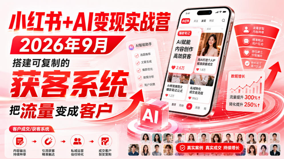 小红书+AI变现实战营2026年9月，搭建可复制的获客系统，把流量变成客户！-我爱项目网