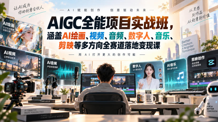 AIGC全能项目实战班，涵盖AI绘画、视频、音频、数字人、音乐、剪映等多方向全赛道落地变现课-我爱项目网