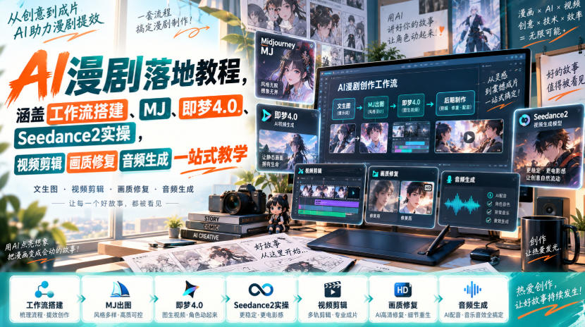 AI漫剧落地教程，涵盖工作流搭建、MJ、即梦4.0、Seedance2实操，视频剪辑画质修复音频生成一站式教学-我爱项目网