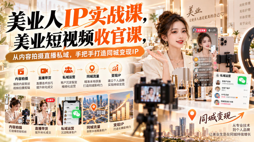 【无水印】美业人IP实战课，美业短视频收官课，从内容拍摄直播私域，手把手打造同城变现IP-我爱项目网