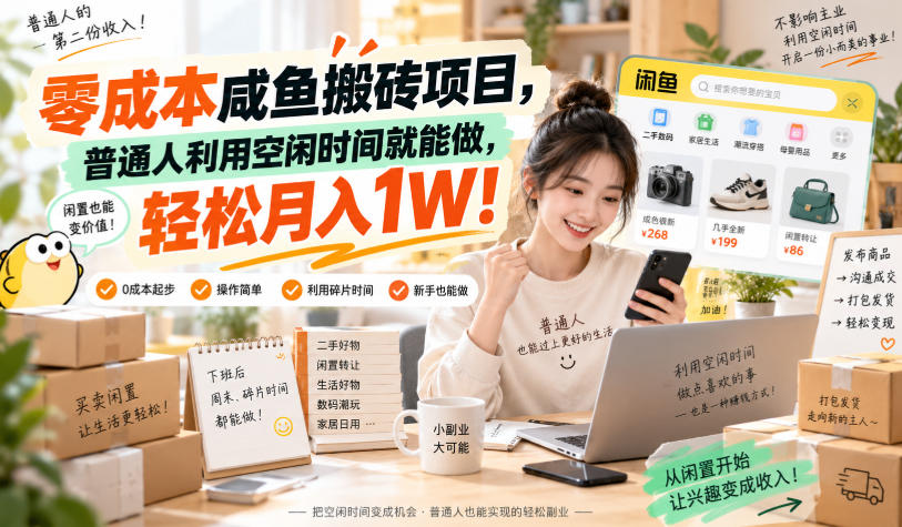 零成本咸鱼搬砖项目，普通人利用空闲时间就能做，轻松月入1W！【揭秘】-我爱项目网