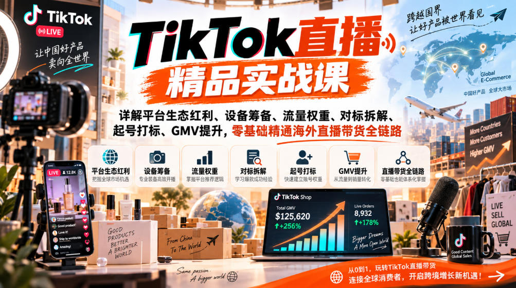 TikTok直播精品实战课，详解平台生态红利、设备筹备、流量权重、对标拆解、起号打标、GMV提升，零基础精通海外直播带货全链路-我爱项目网