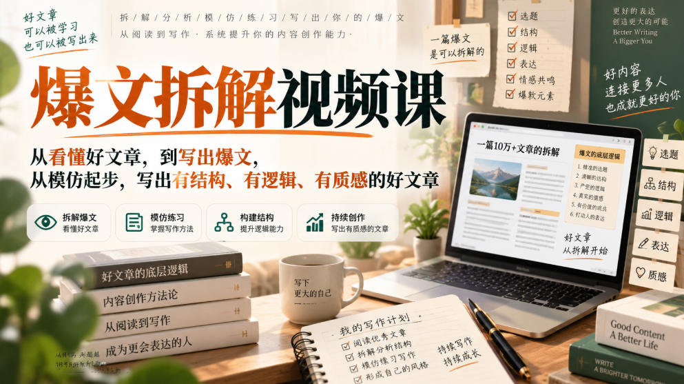 爆文拆解视频课，从看懂好文章，到写出爆文，从模仿起步，写出有结构、有逻辑、有质感的好文章-我爱项目网
