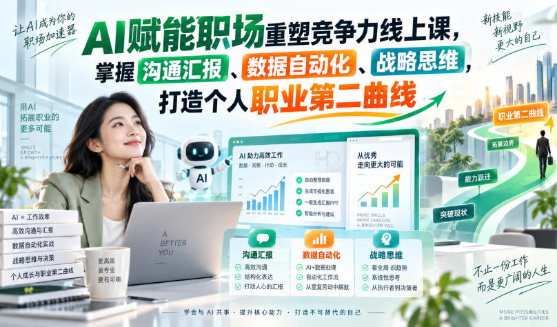 AI赋能职场重塑竞争力线上课，掌握沟通汇报、数据自动化、战略思维，打造个人职业第二曲线-我爱项目网