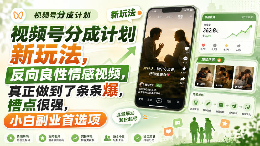 视频号分成计划新玩法,反向良性情感视频,真正做到了条条爆,槽点很强,小白副业首选项-我爱项目网