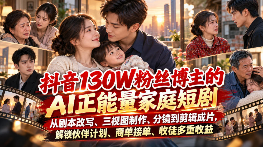 抖音130W粉丝博主的AI正能量家庭短剧，从剧本改写、三视图制作、分镜到剪辑成片，解锁伙伴计划、商单接单、收徒多重收益-我爱项目网