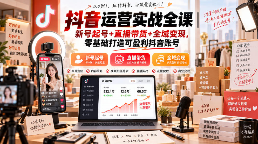 抖音运营实战全课｜新号起号+直播带货+全域变现，零基础打造可盈利抖音账号-我爱项目网
