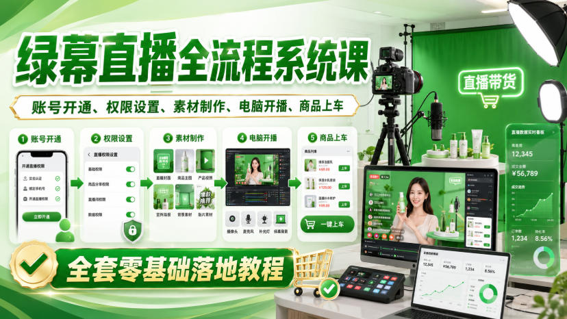 绿幕直播全流程系统课，账号开通、权限设置、素材制作、电脑开播、商品上车全套零基础落地教程-我爱项目网