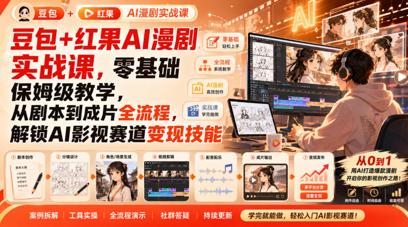 豆包+红果AI漫剧实战课，零基础保姆级教学，从剧本到成片全流程，解锁AI影视赛道变现技能-我爱项目网