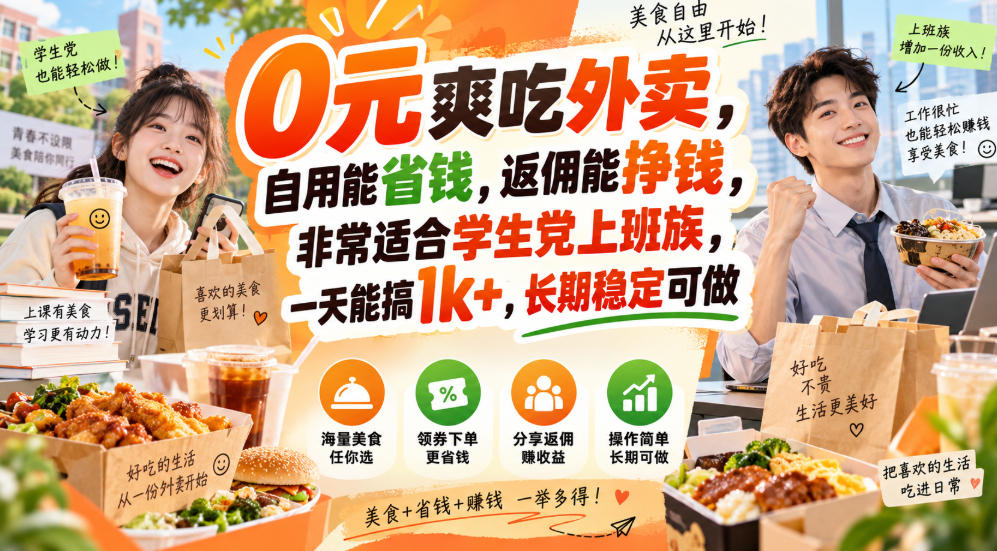 0元爽吃外卖，自用能省钱，返佣能挣钱，非常适合学生党上班族，一天能搞1k+，长期稳定可做-我爱项目网