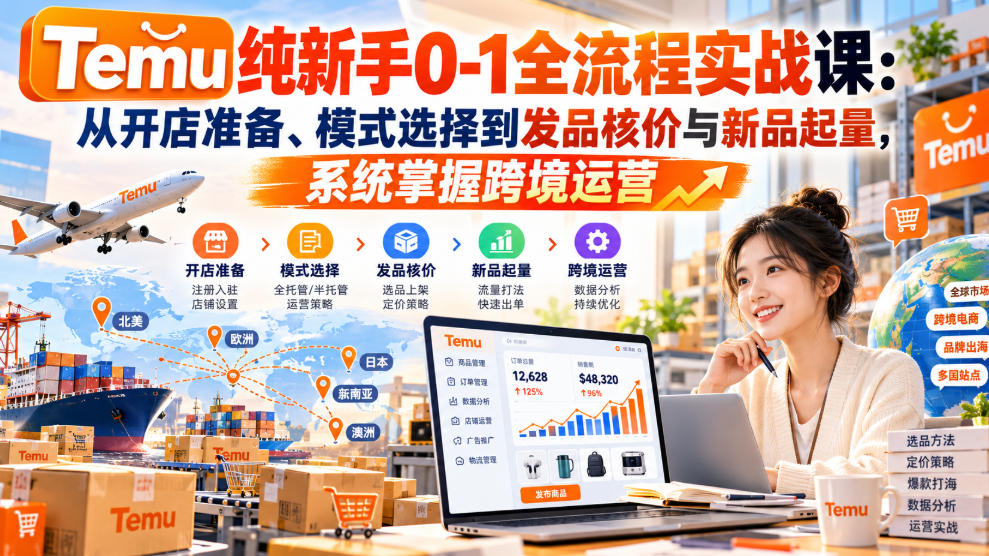 【无水印】Temu纯新手0-1全流程实战课：从开店准备、模式选择到发品核价与新品起量，系统掌握跨境运营-我爱项目网