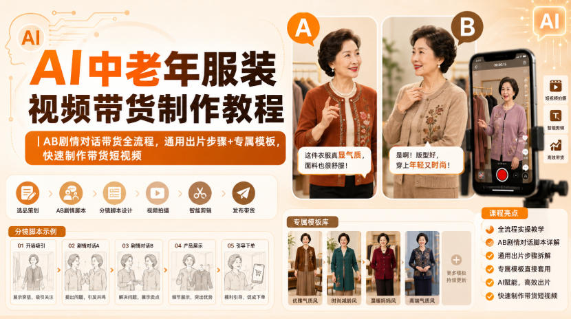 AI中老年服装视频带货制作教程｜AB剧情对话带货全流程，通用出片步骤+专属模板，快速制作带货短视频-我爱项目网