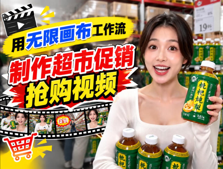 无限画布超市促销抢购视频工作流，一键产出TikTok抖音带货短视频-我爱项目网