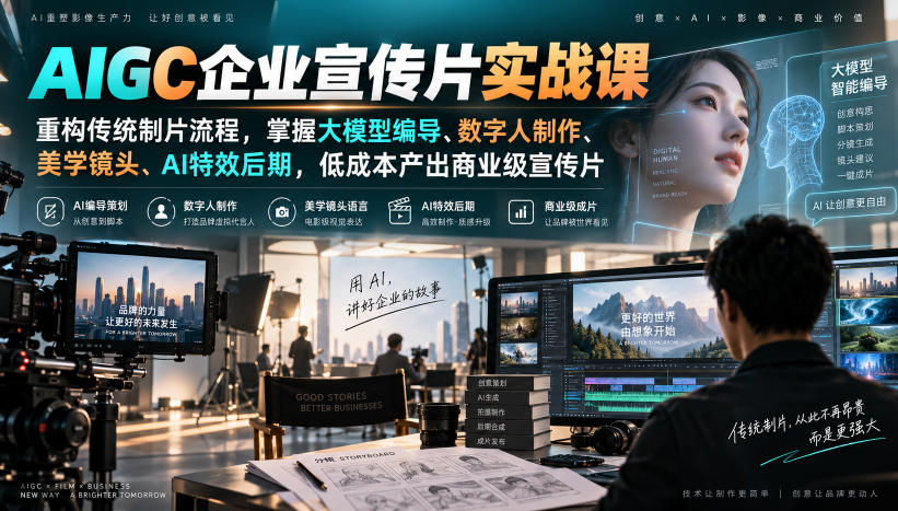 AIGC企业宣传片实战课，重构传统制片流程，掌握大模型编导、数字人制作、美学镜头、AI特效后期，低成本产出商业级宣传片-我爱项目网