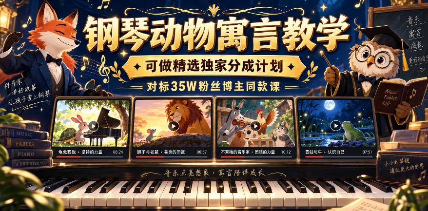 钢琴动物寓言教学,可做精选独家分成计划,对标35W粉丝博主同款课-我爱项目网