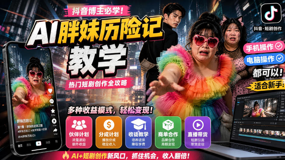 抖音博主的AI胖妹历险记教学，伙伴计划+分成计划+收徒+商单等多种收益，适合新手，手机电脑都可以操作-我爱项目网