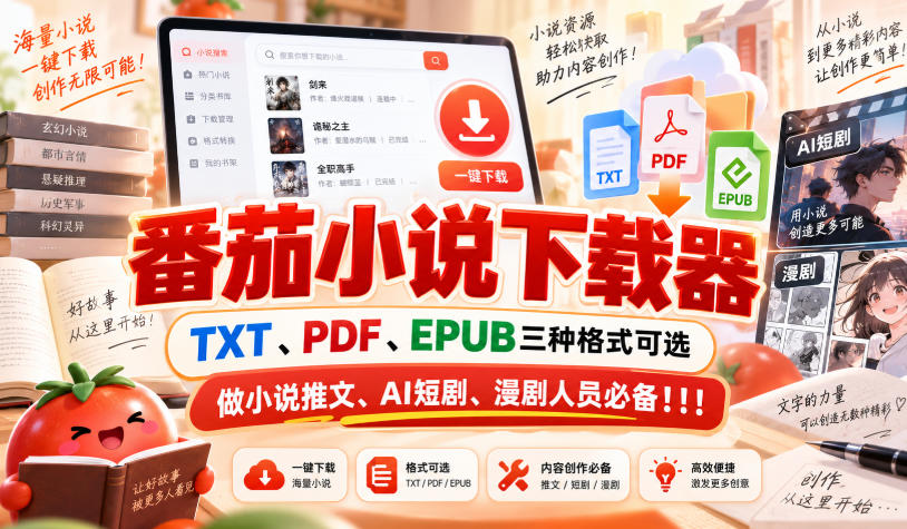 番茄小说下载器,TXT、PDF、EPUB三种格式可选,做小说推文、AI短剧、漫剧人员必备!!!-我爱项目网
