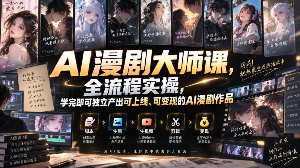 AI漫剧大师课，全流程实操，学完即可独立产出可上线、可变现的AI漫剧作品-我爱项目网