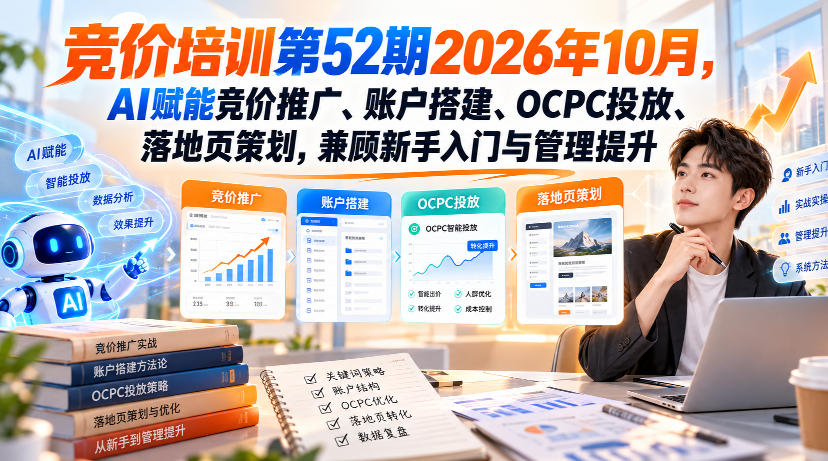 【无水印】竞价培训第52期2026年10月，AI赋能竞价推广、账户搭建、OCPC投放、落地页策划，兼顾新手入门与管理提升-我爱项目网