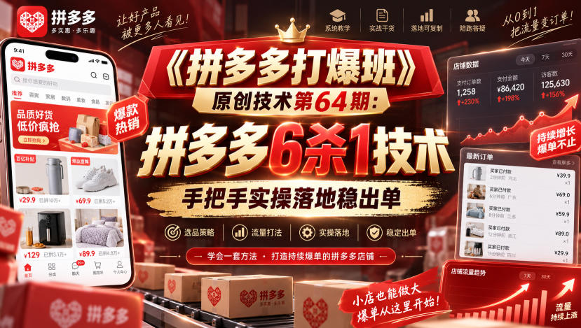 《拼多多打爆班》原创技术第64期:拼多多6杀1技术,手把手实操落地稳出单-我爱项目网