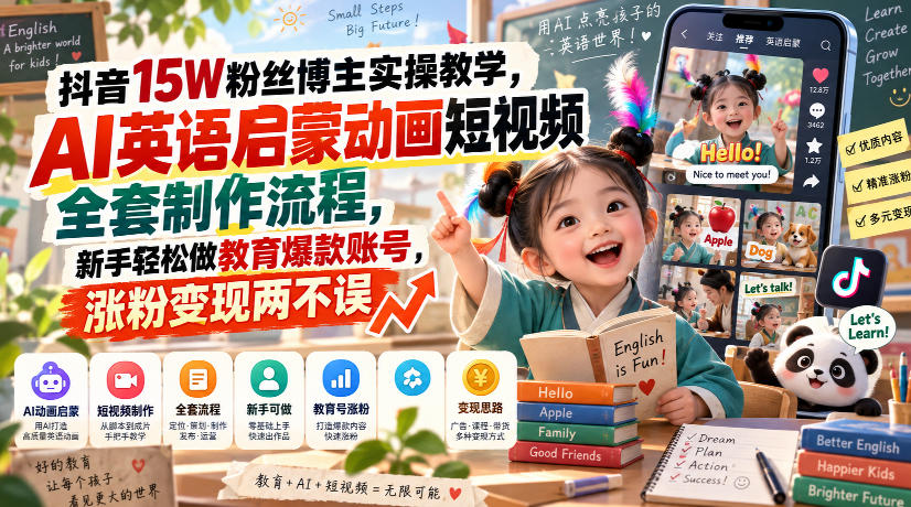 抖音15W粉丝博主实操教学，AI英语启蒙动画短视频全套制作流程，新手轻松做教育爆款账号，涨粉变现两不误-我爱项目网