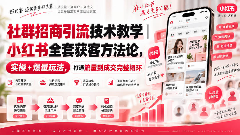 社群招商引流技术教学｜小红书全套获客方法论，实操+爆量玩法，打通流量到成交完整闭环-我爱项目网