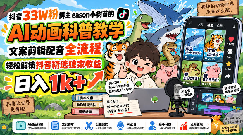抖音33W粉博主eason小树苗的AI动画科普教学，文案剪辑配音全流程，轻松解锁抖音精选独家收益，日入1k+-我爱项目网