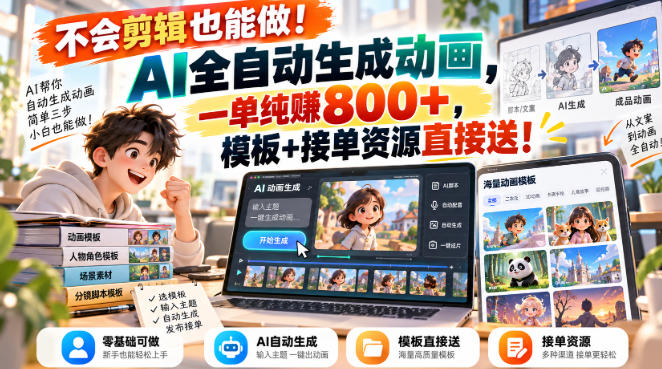 不会剪辑也能做！AI全自动生成动画，一单纯賺800+，模板+接单资源直接送！【揭秘】-我爱项目网