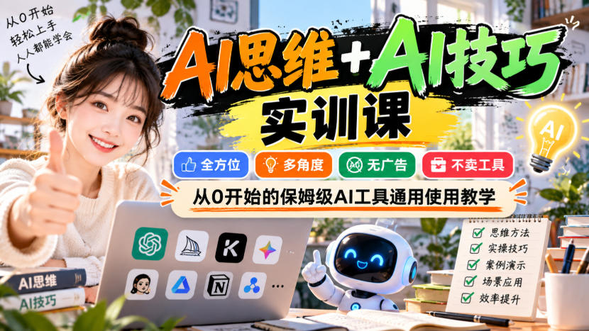 AI思维+AI技巧实训课，全方位、多角度、无广告、不卖工具，从0开始的保姆级AI工具通用使用教学-我爱项目网