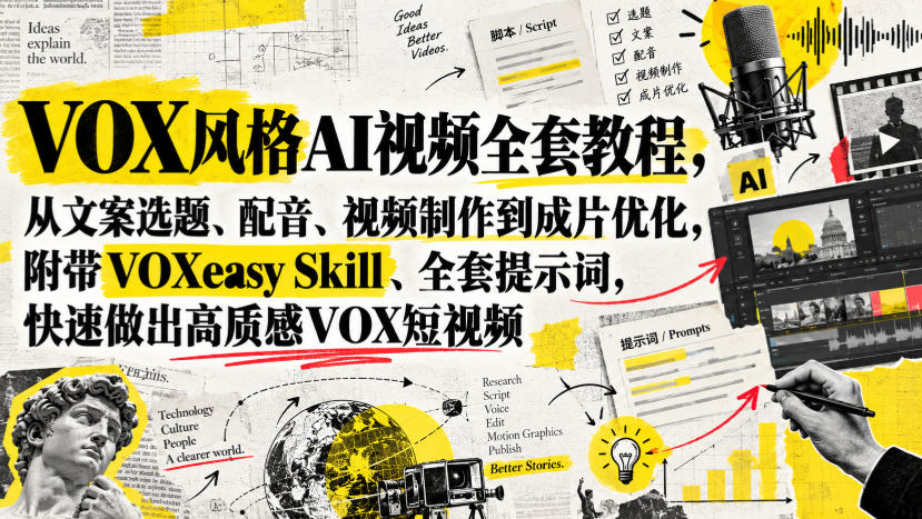 VOX风格AI视频全套教程，从文案选题、配音、视频制作到成片优化，附带VOXeasy Skill、全套提示词，快速做出高质感VOX短视频-我爱项目网