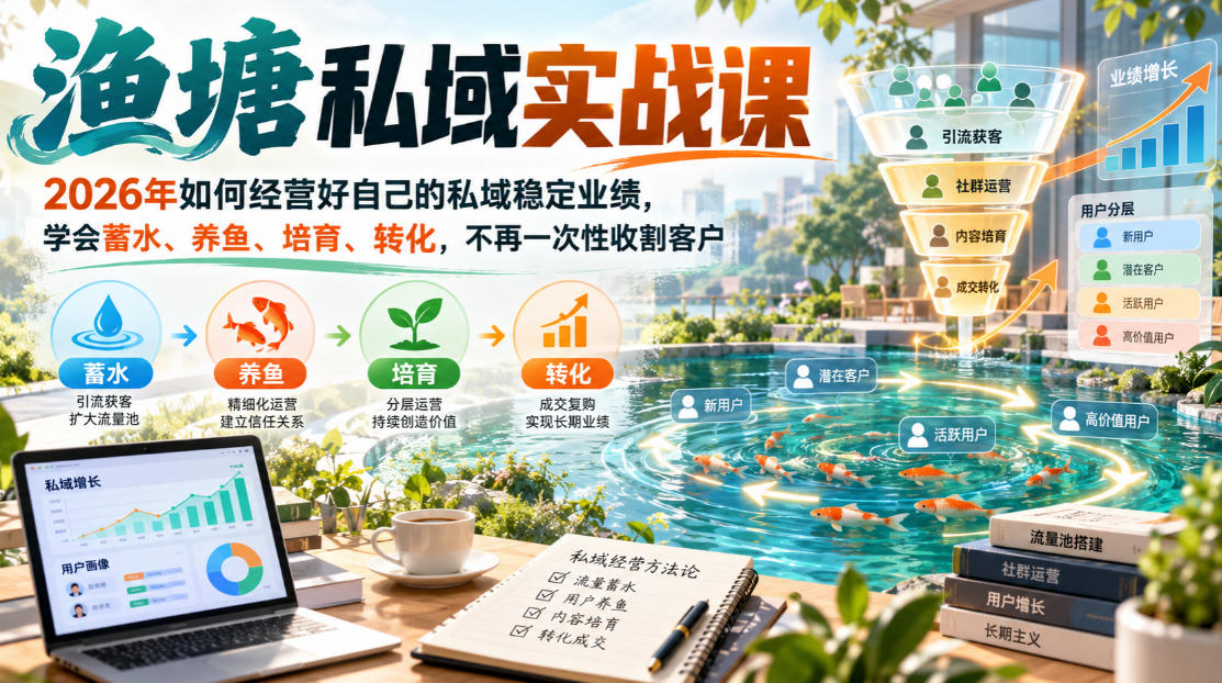 渔塘私域实战课，2026年如何经营好自己的私域稳定业绩，学会蓄水、养鱼、培育、转化，不再一次性收割客户-我爱项目网