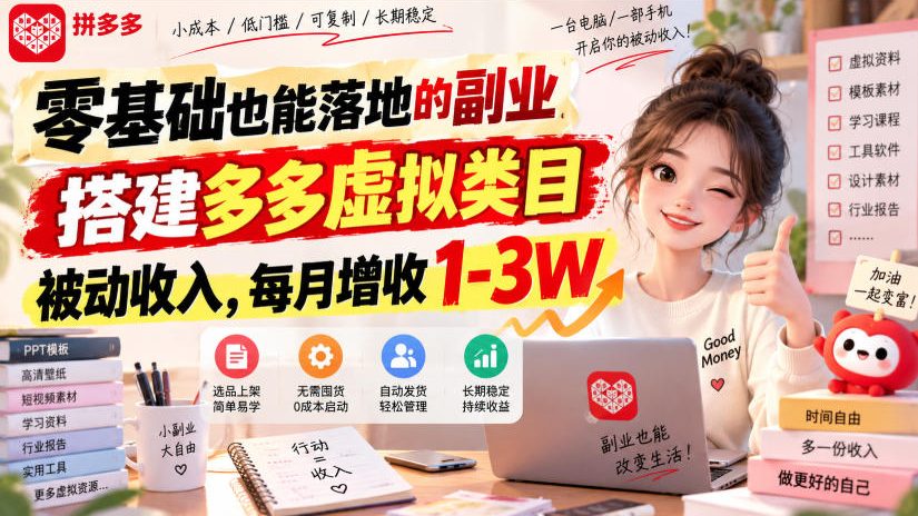 零基础也能落地的副业，搭建多多虚拟类目被动收入，每月增收1-3W【揭秘】-我爱项目网