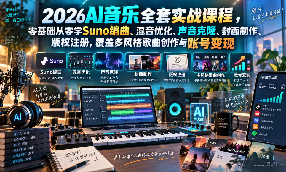 2026AI音乐实战课程，零基础从零学Suno编曲、混音优化、声音克隆、版权注册，覆盖多风格歌曲创作与账号变现-我爱项目网