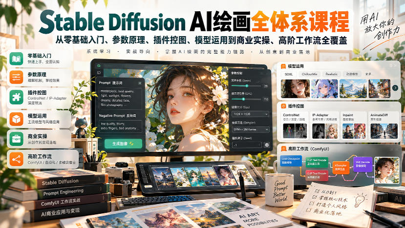 【无水印】Stable Diffusion AI绘画全体系课程，从零基础入门、参数原理、插件控图、模型运用到商业实操、高阶工作流全覆盖-我爱项目网