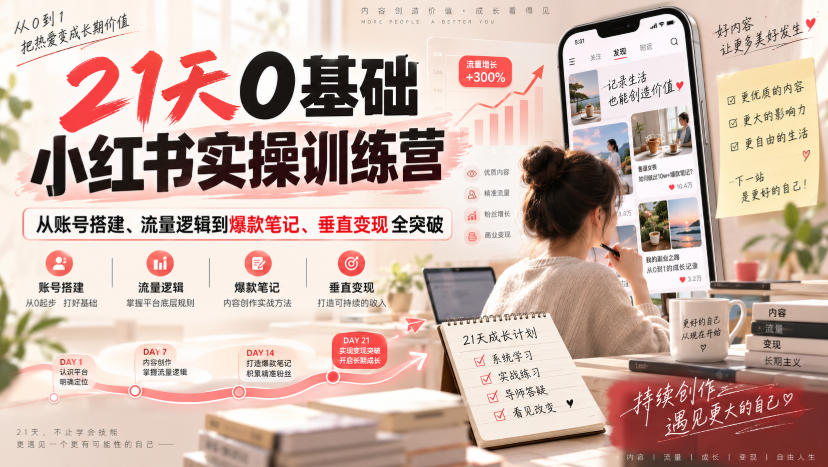 21天0基础小红书实操训练营｜从账号搭建、流量逻辑到爆款笔记、垂直变现全突破-我爱项目网