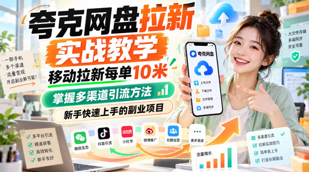 夸克网盘拉新实战教学，移动拉新每单10米，掌握多渠道引流方法，新手快速上手的副业项目-我爱项目网