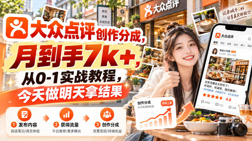 大众点评创作分成，月到手7k+，从0-1实战教程，今天做明天拿结果-我爱项目网