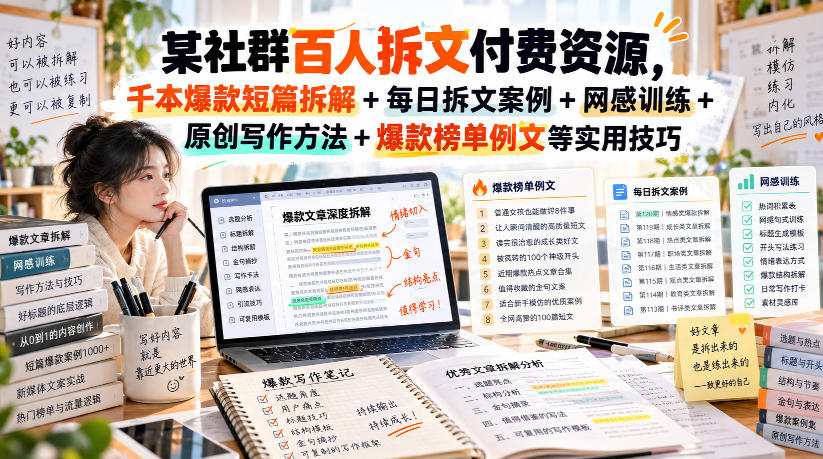 某社群百人拆文付费资源，千本爆款短篇拆解+每日拆文案例+网感训练+原创写作方法+爆款榜单例文等实用技巧(持续更新)-我爱项目网